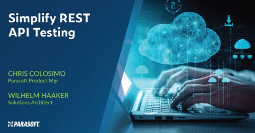 Image on right showing two hands typing on laptop with image overlay with connectivity theme. To left is white text on blue background: Simplify REST API Testing.