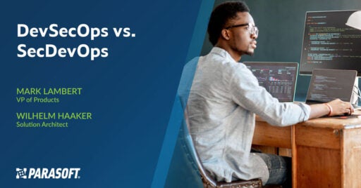 DevSecOps vs SecDevOps with image of man working on computer on right