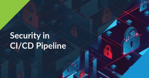 Text: Sicherheit in der CI/CD-Pipeline. Illustration verschlossene und entriegelte Vorhängeschlösser