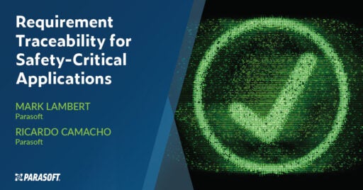 Image on right shows a big circle with checkmark in the middle. To left is white text on blue background: Requirement Traceability for Safety-Critical Applications.