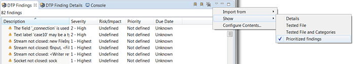 Screenshot showing DTP finding listed by description, severity, risk/impact, priority, and due date.