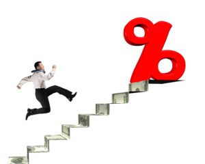 Image of man running up a staircase made of a dollar bills leading to a large code coverage percentage sign.