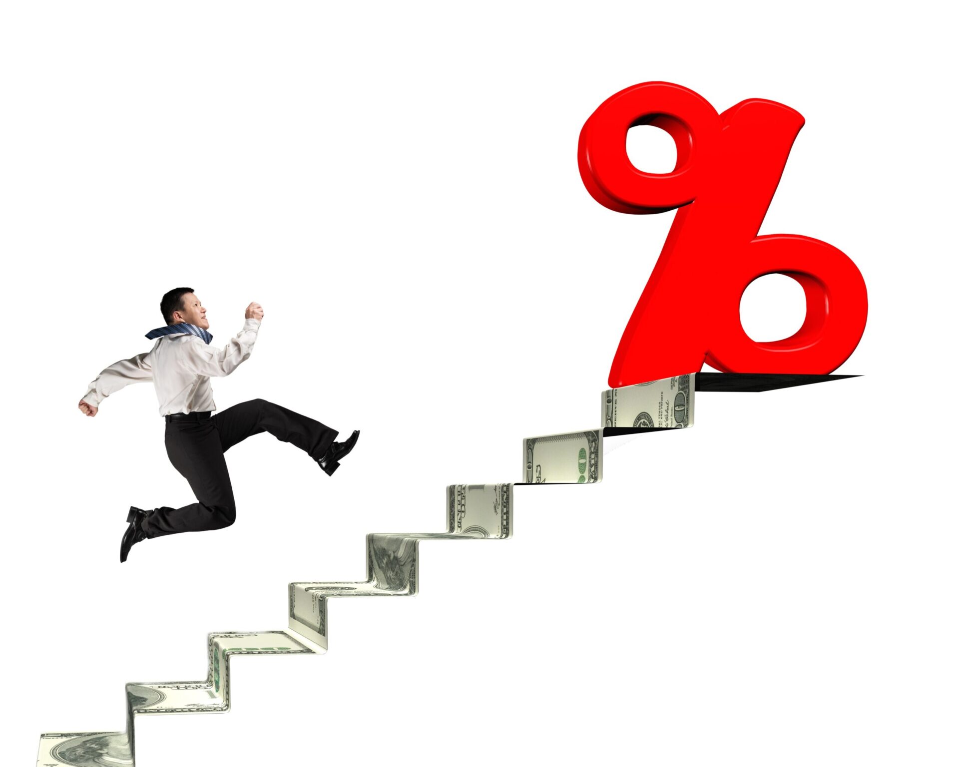 Image of man running up stairs made of a dollar bill with folds leading to a large percentage sign.