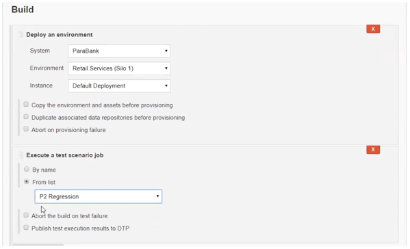 Se pueden agregar pasos de compilación del complemento Parasoft Jenkins para implementar conjuntos de pruebas desde la compilación. La captura de pantalla muestra los resultados capturados y vinculados al Environment Manager.