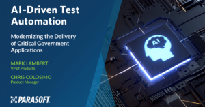 AI-Driven Test Automation: Modernizing the Delivery of Critical Government Applications and graphic of brain on a chip with the words AI on the right