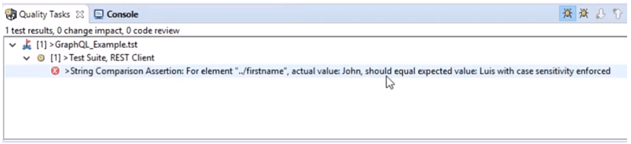 Screen capture of Quality Tasks tab showing the test fail.