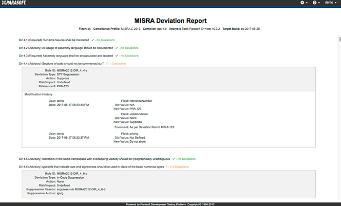 Screenshot showing the Parasoft MISRA C Deviation Report