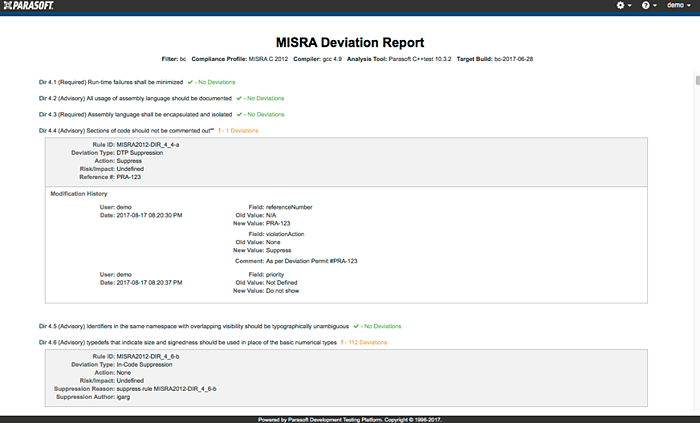 Captura de pantalla que muestra el informe de desviación MISRA C de Parasoft