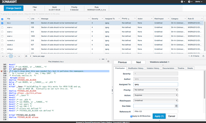 A screenshot showing the Parasoft violation explorer