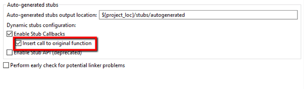 Captura de pantalla que muestra el cuadro de selección de stubs generados automáticamente en Parasfot C/C++test con Enable Stub Callbacks e Insert call to original function seleccionado.