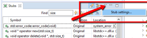 Screenshot of Parasoft C/C++test show Stub settings