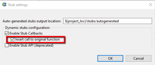 Captura de pantalla que muestra la ubicación de salida de los stubs generados automáticamente por Parasoft C/c++test