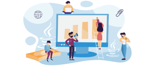 infographic showing a team at work around an mega large monitor. Guy to left on smartphone, guy sitting on top of monitor working on laptop, girl on ladder drawing a bar chart on monitor with an oversized pencil, guy standing in front of monitor talking into a megaphone, girl to right of monitor taking notes.