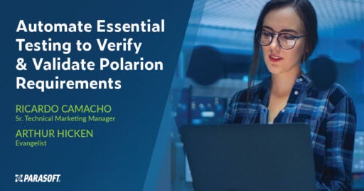 Automate Essential Testing to Verify & Validate Polarion Requirements and image of woman working on personal computer on right