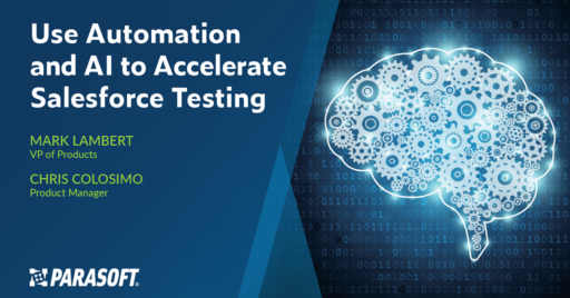 Use Automation and AI to Accelerate Salesforce Testing and graphic of brain with gear overlay on right
