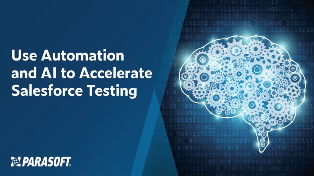 Use Automation and AI to Accelerate Salesforce Testing and graphic of brain with gear overlay on right