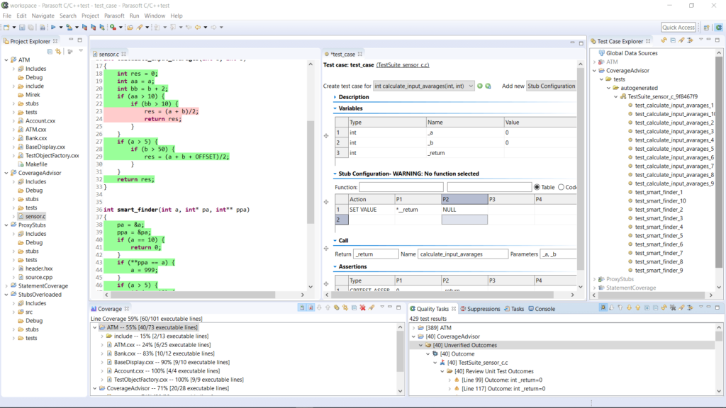 Capture d'écran du cas de test Parasoft C/C++ montrant la couverture de ligne.