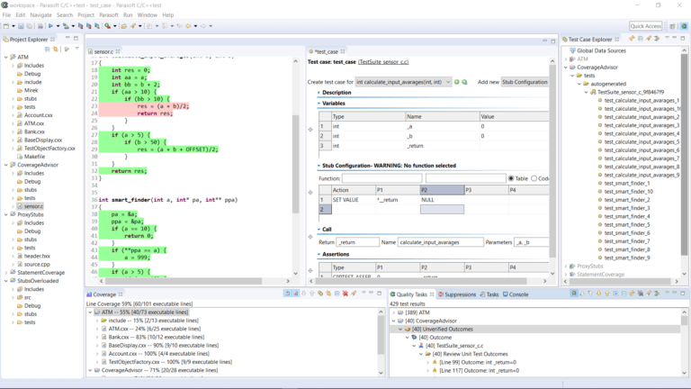 Captura de pantalla del caso de prueba de Parasoft C / C ++ que muestra la cobertura de línea.