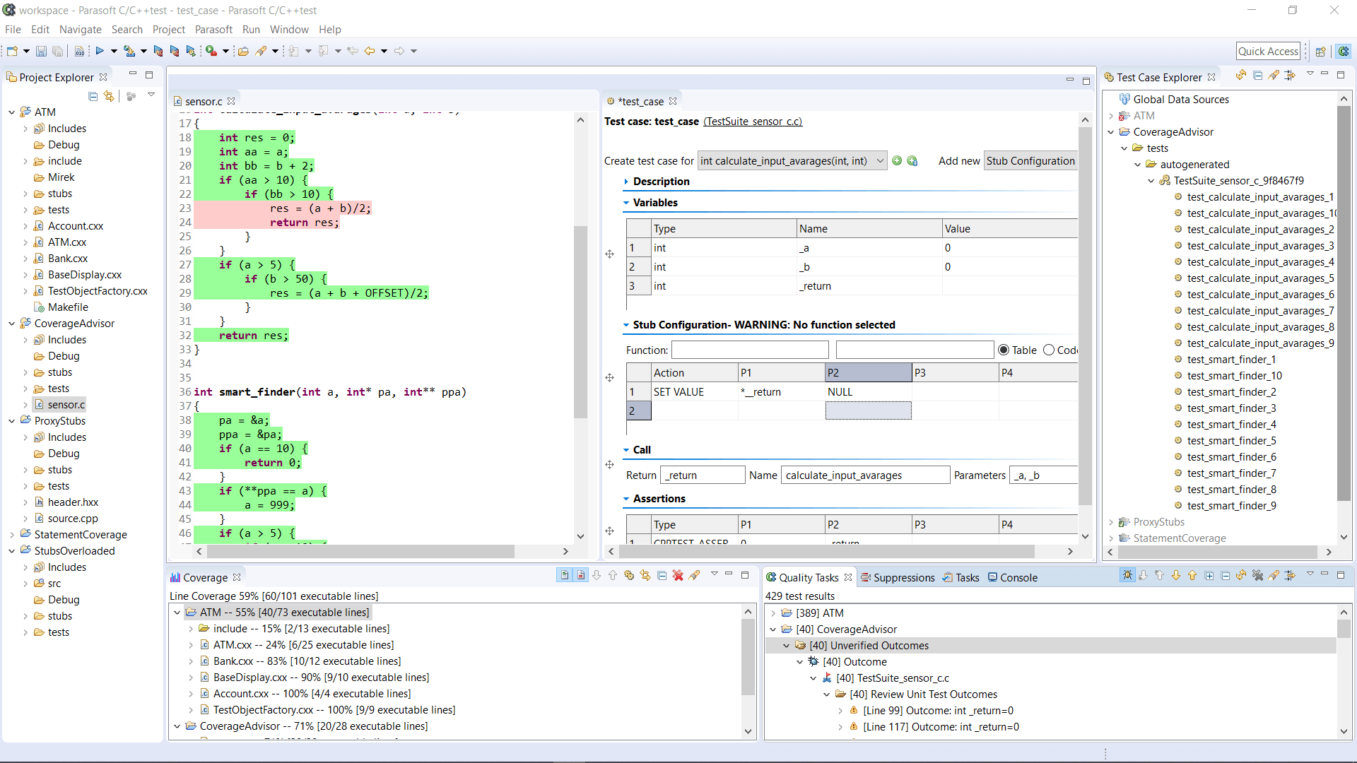 Screenshot eines Parasoft C/C++-Testtestfalls, der die Linienabdeckung zeigt.