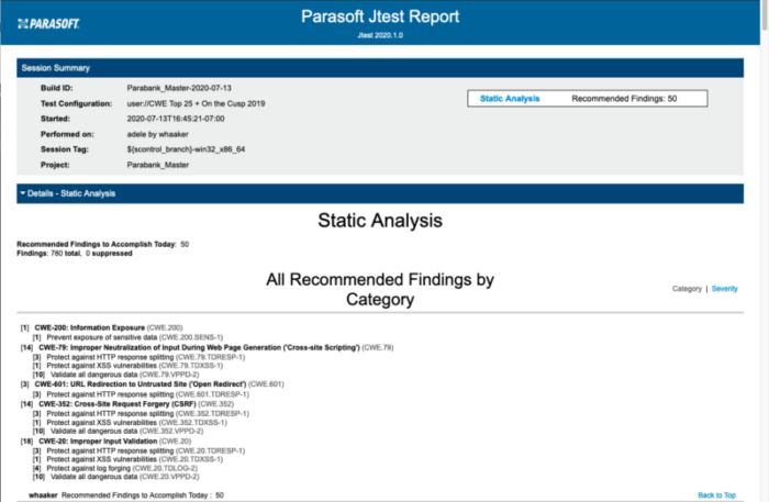 Suchen von SQL-Injektionen: Parasoft Jtest Report