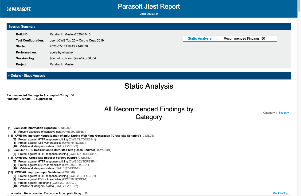Finding SQL Injections: Parasoft Jtest Report