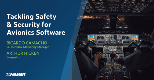 Tackling Safety & Security for Avionics Software and image of two pilots in cockpit flying plane on runway at night