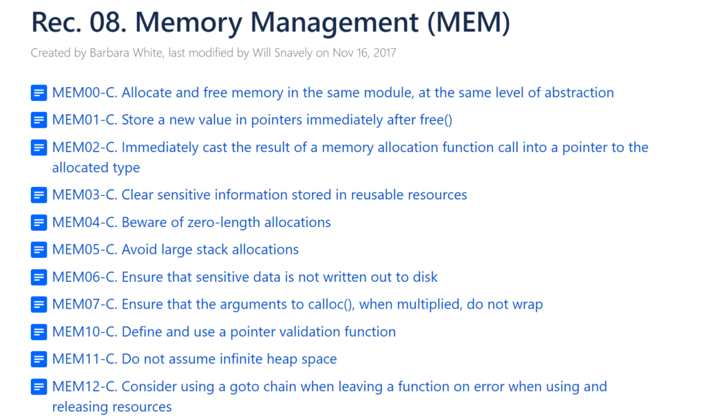 CERT C REC 08 Memory Management (MEM) List