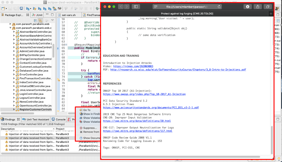 Parasoft C/C++test Example of Security Warnings