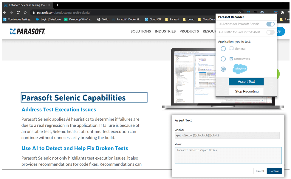 Parasoft Selenic Recorder Popup