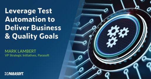 Leverage Test Automation to Deliver Business and Quality Goals and graphic with three gears and connectivity overlay
