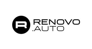 Le logo Renovo à gauche est un cercle noir avec un R blanc au milieu à droite, le texte indique Renovo en haut et le point auto en bas en caractères noirs.