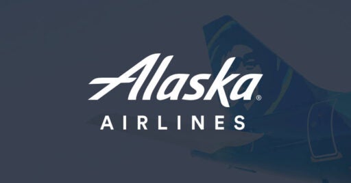 Image of tail of an Alaska Airlines plane with Alaska Airline logo overlay.