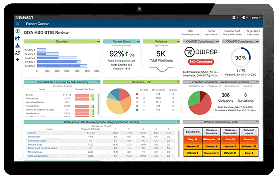 Screen capture of report dashboard showing static analysis results supporting OWASP Top 10.