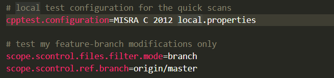 Screen capture of code for local test configuration for the quick scans