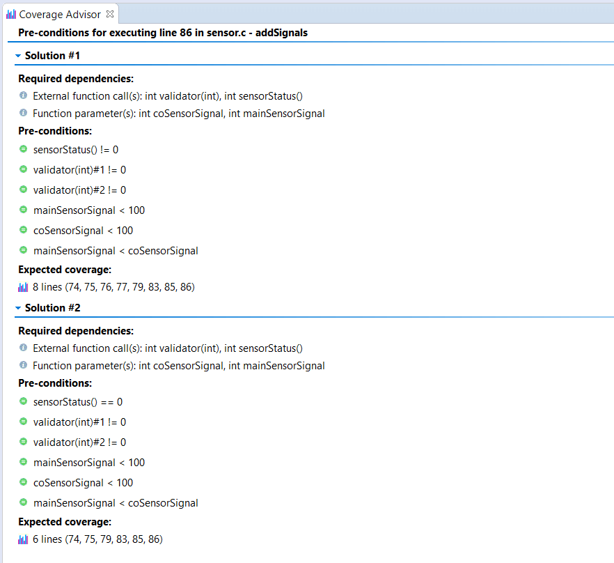 Captura de pantalla de la pestaña Coverage Advisor que muestra dependencias, condiciones previas, cobertura esperada