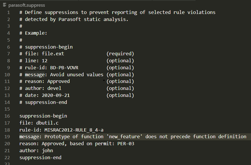 Screen capture showing suppression entry lines of code