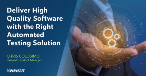 Image on right showing open human hand with overlay image of gears. To left is white text on blue background: Deliver High Quality Software with the Right Automated Testing Solution.