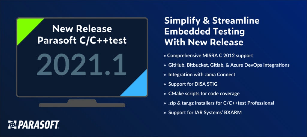 Image de l'icône du moniteur affichant la nouvelle version du test Parasoft C / C ++ 2021.1 avec le logo Parasoft en dessous et la liste des améliorations à droite.