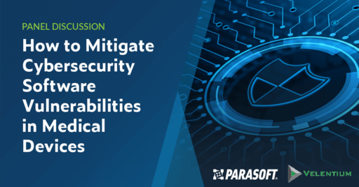 How to Mitigate Cybersecurity Software Vulnerabilities in Medical Devices and shield graphic with connectivity overlay on the right