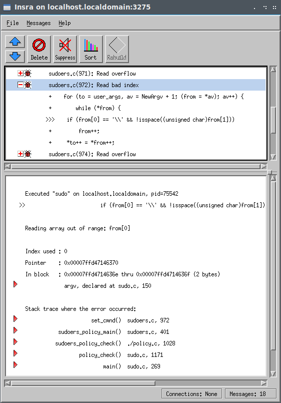 La captura de pantalla de Insure ++ sudoers.c (972) leyó un índice incorrecto para CVE-2021-4156