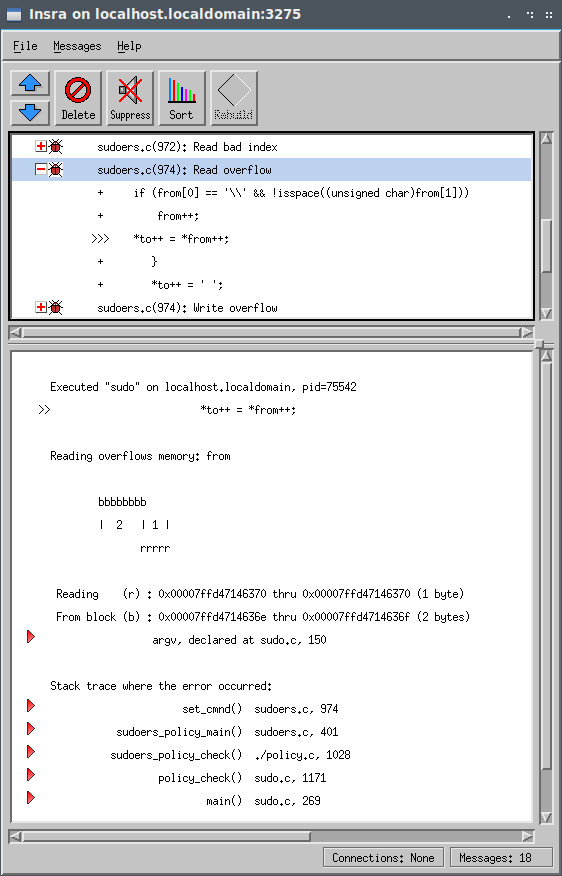 Capture d'écran du débordement de lecture Insure ++ sudoers.c (974) pour CVE-2021-4156