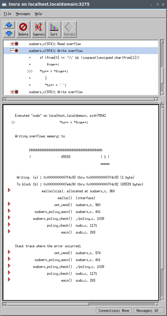 Screenshot des Schreibüberlaufs von Insure ++ sudoers.c (974) für CVE-2021-4156