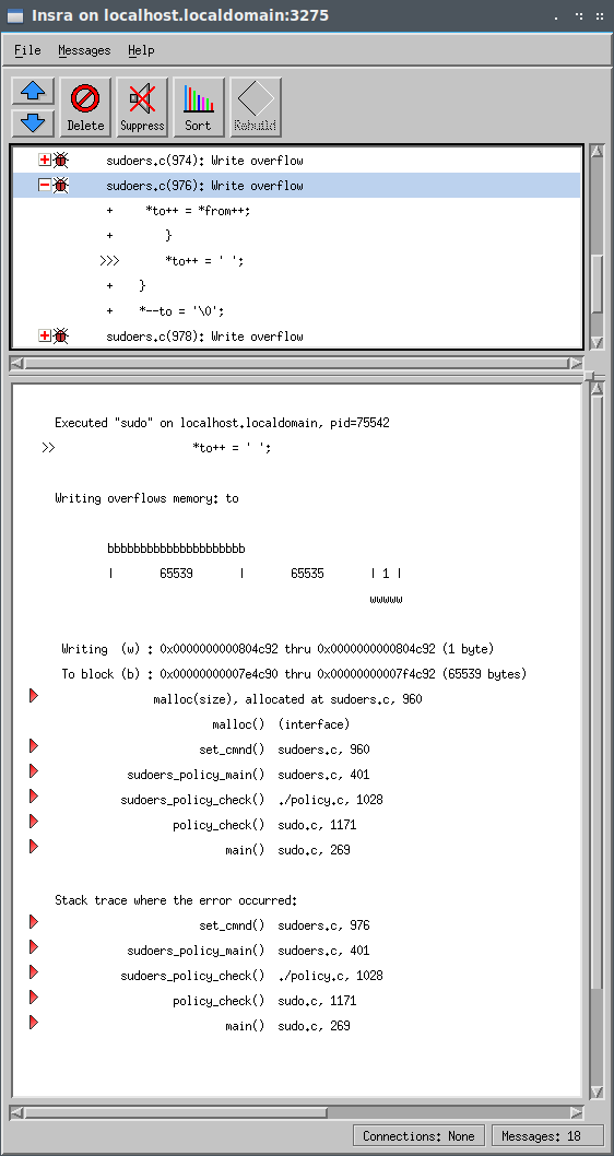 Capture d'écran du débordement de lecture Insure ++ sudoers.c (976) pour CVE-2021-4156