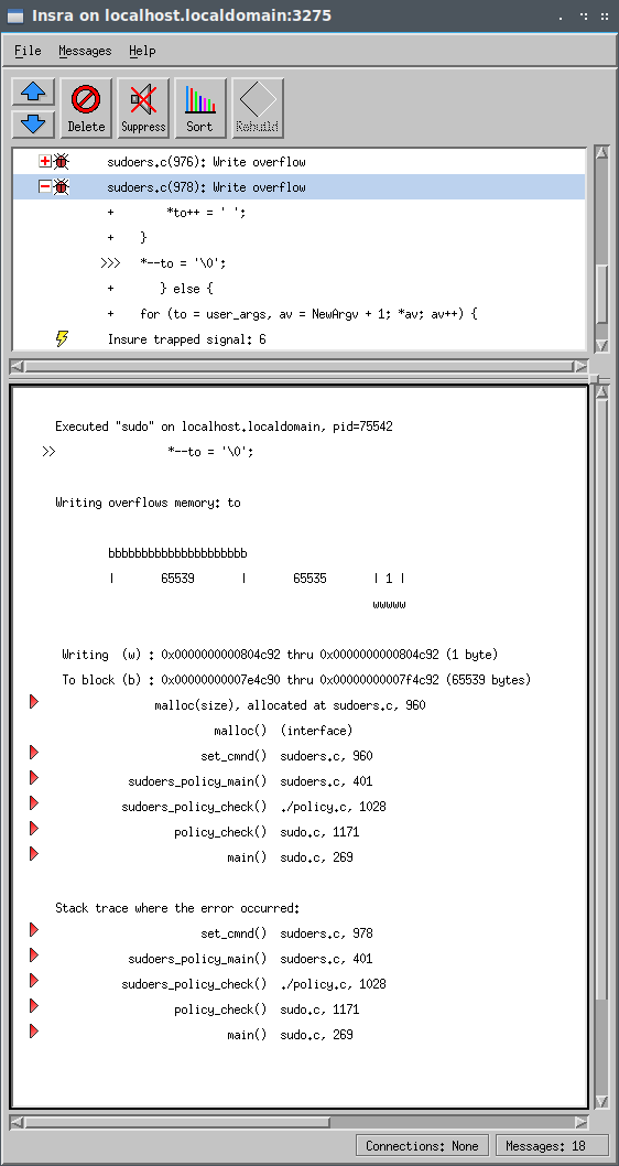 Capture d'écran du débordement d'écriture Insure ++ sudoers.c (978) pour CVE-2021-4156