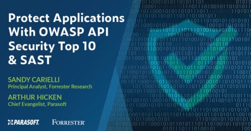On right image of a shield with checkmark overlayed with binary code, indicating something is secure. To left is white text on blue background: Protect Applications With OWASP API Security Top 10 & SAST