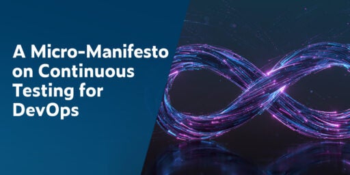 Titel links: A Micro-Manifesto on Continuous Testing for DevOps mit Bild rechts, das ineinandergreifende Lichtstrahlen in Neonviolett, Blau und Pink zeigt, die in Form einer seitlichen Acht verwirbelt sind.