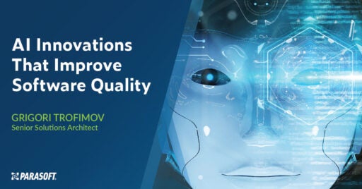 Image à droite du visage robotique blanc. À gauche se trouve un texte blanc sur fond bleu : Innovations IA qui améliorent la qualité des logiciels.
