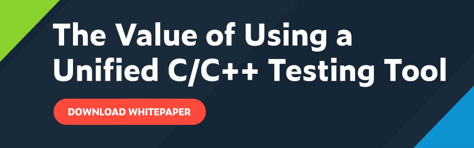 Le texte est le titre du livre blanc La valeur de l'utilisation d'une solution de test unifiée C/C++ avec un bouton d'appel à l'action rouge en dessous : Télécharger le livre blanc
