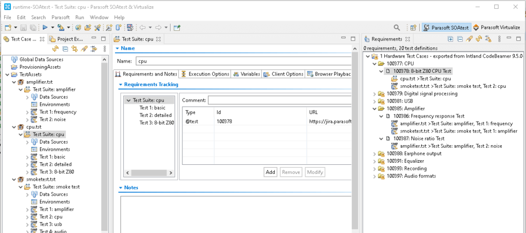 Screen capture of Parasoft SOAtest showing requirements-based execution as an extension to existing test impact analysis aligned with the code.