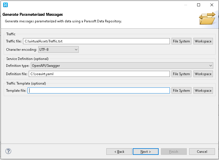 Screen capture of Generate Parameterized Messages window. Generate messages parametrized with data using a Parasoft Data Repository.